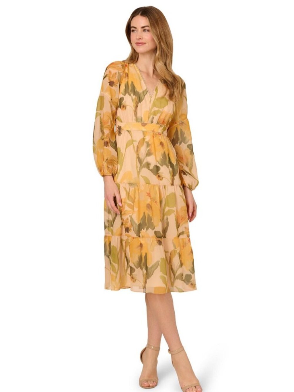 Adrianna Papell Floral Organza Midi Dress With Long Sleeves & Tiered Skirt Size